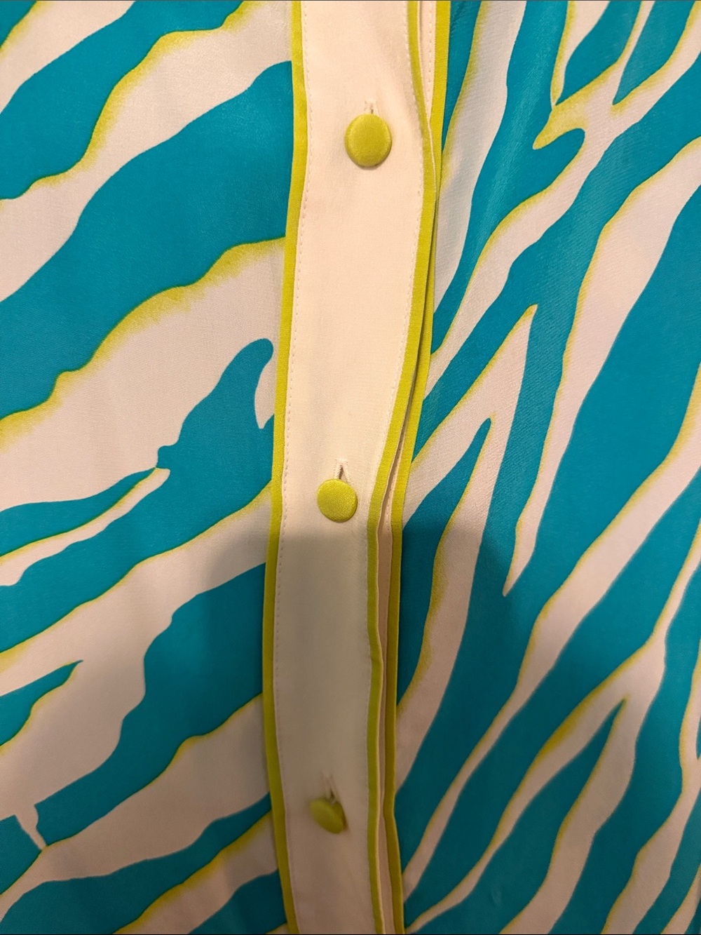 Vintage Bob Mackie 100% Silk Teal and White Zebra Stripe Blouse with Lime Trim - Picture 6 of 7